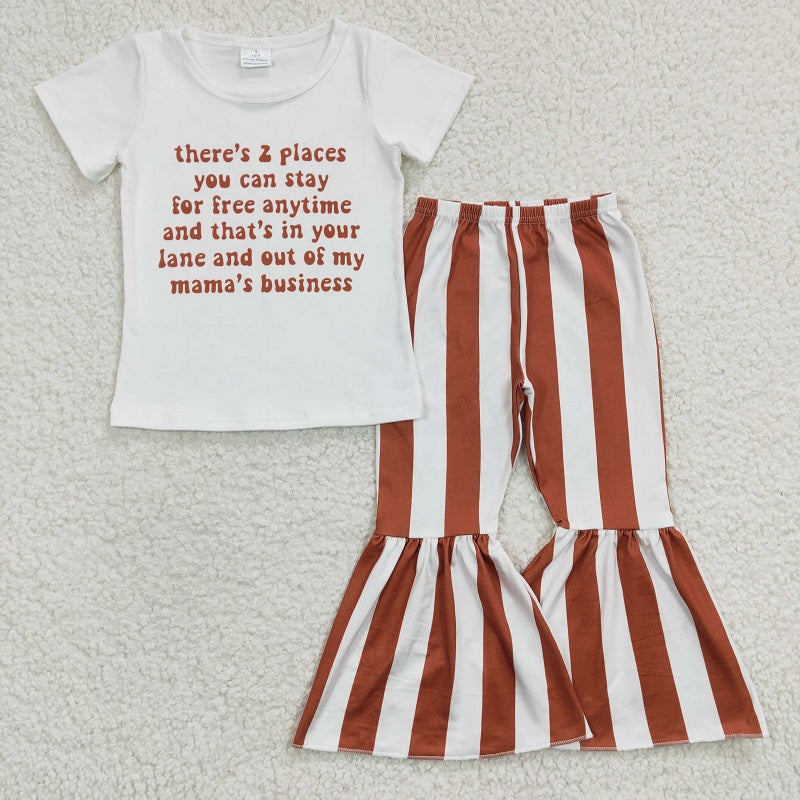 E4-4 Letter Short Sleeve Top Brown Striped Flared Pants Set