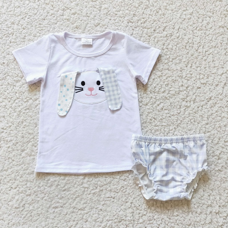 GBO0063 White Embroidered Rabbit Short Sleeve Blue Check Briefs Set