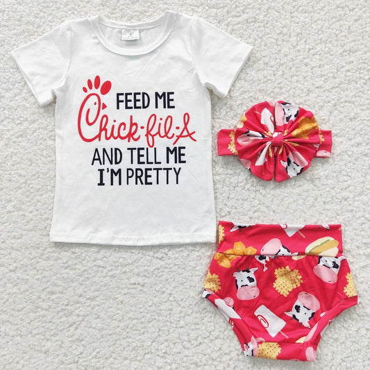 GBO0079 Baby Girls FEED Cow Burger Short Sleeve Brief Set+bow