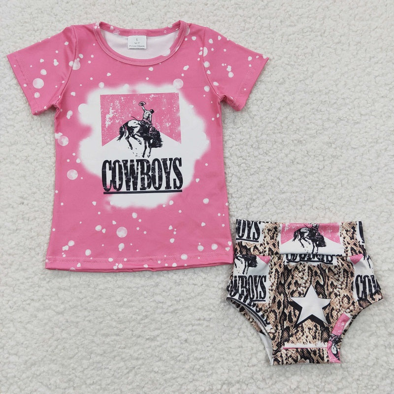GBO0084 Baby Girls COWBOY star pink short-sleeved bummies set