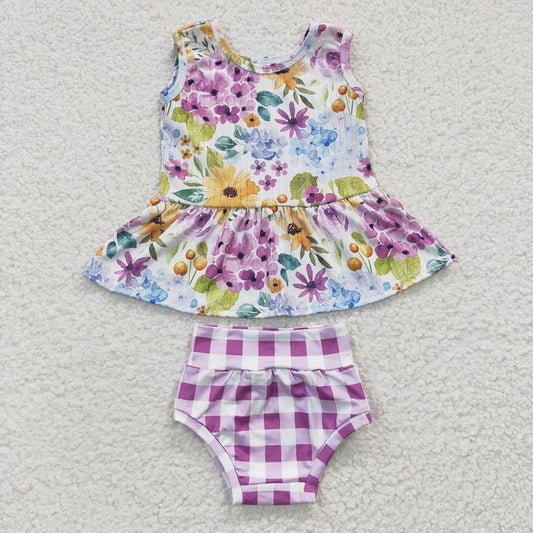 GBO0086 Baby Girls Purple Flower Sleeveless Plaid Brief Bummies Set