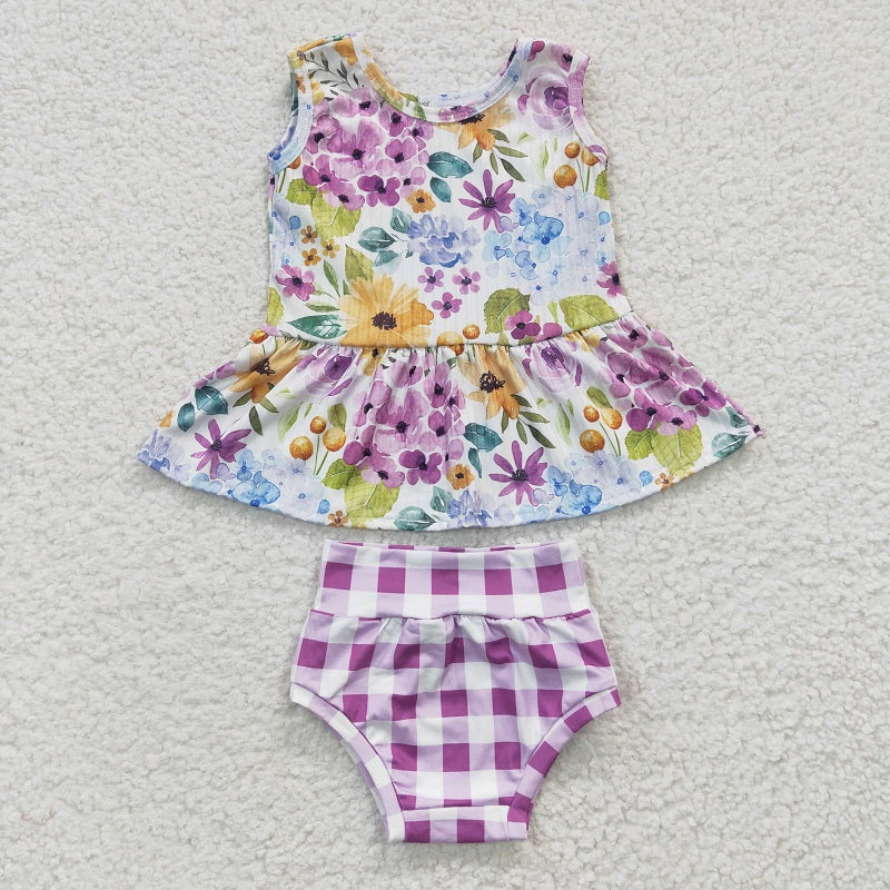 GBO0086 Baby Girls Purple Flower Sleeveless Plaid Brief Bummies Set