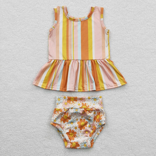GBO0105 Color Stripe Suspenders Orange Floral Bummies Set