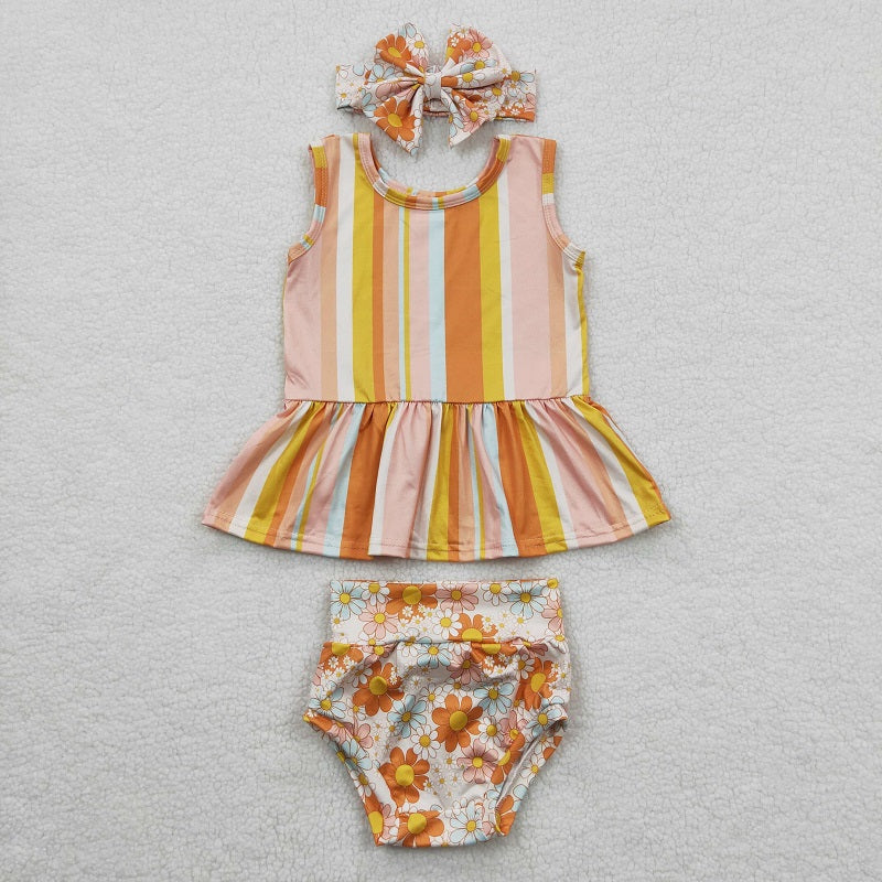 GBO0105 Color Stripe Suspenders Orange Floral Bummies Set