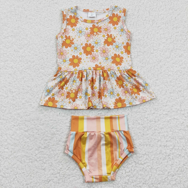 GBO0106 Orange Floral Suspenders Colorful Stripe  Bummies Set