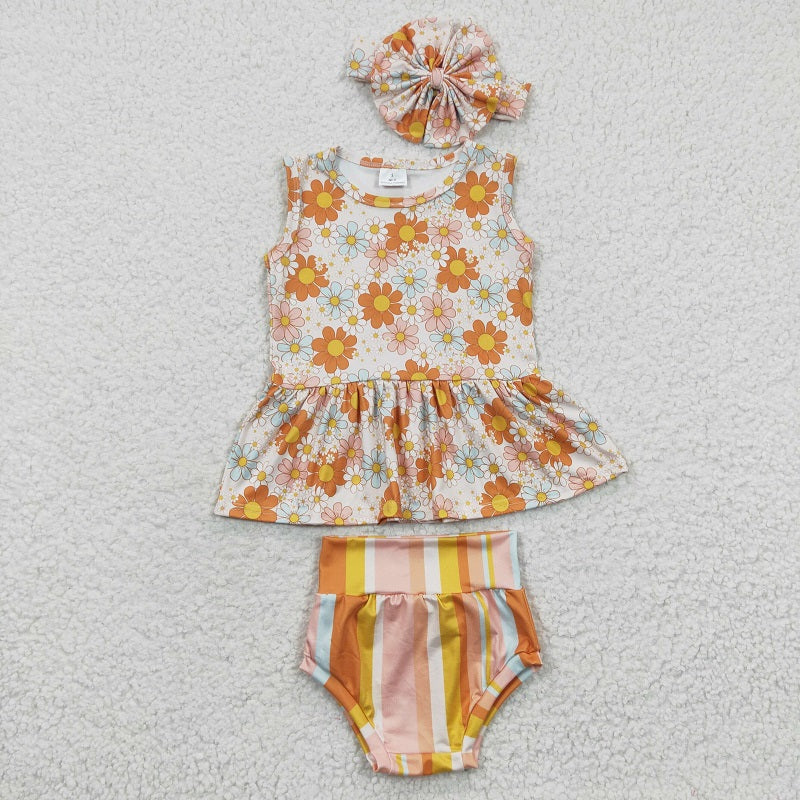 GBO0106 Orange Floral Suspenders Colorful Stripe  Bummies Set