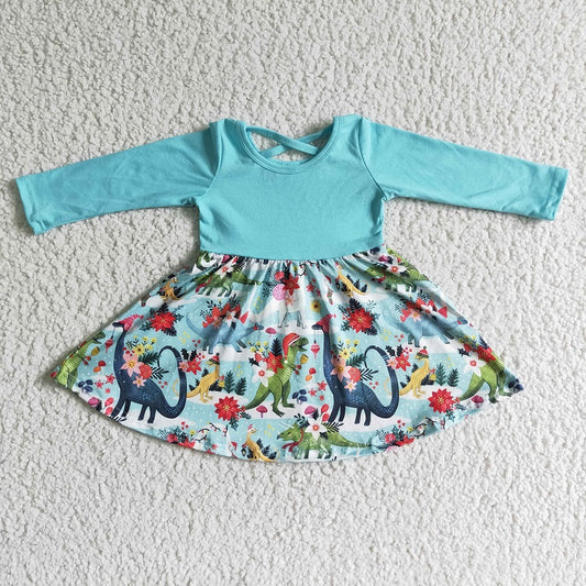 GLD0006 Christmas Dinosaur Flower Blue Long Sleeve Dress
