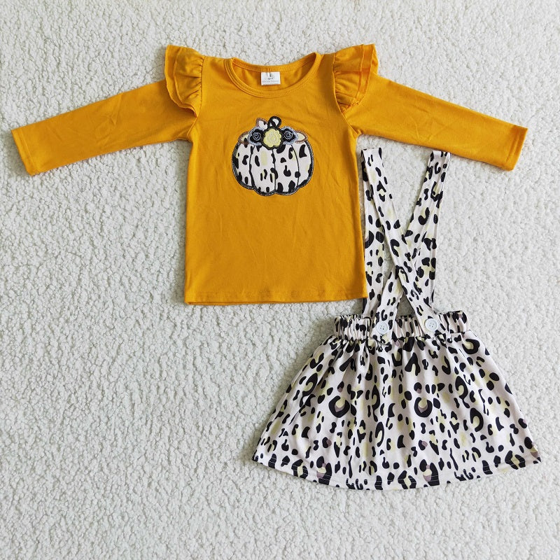 GLD0008 Embroidered Leopard Pumpkin Orange Long Sleeve Suspender Skirt Set