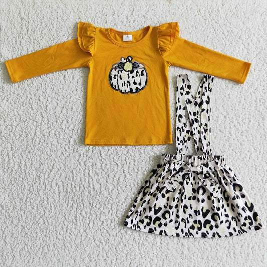 GLD0008 Embroidered Leopard Pumpkin Orange Long Sleeve Suspender Skirt Set