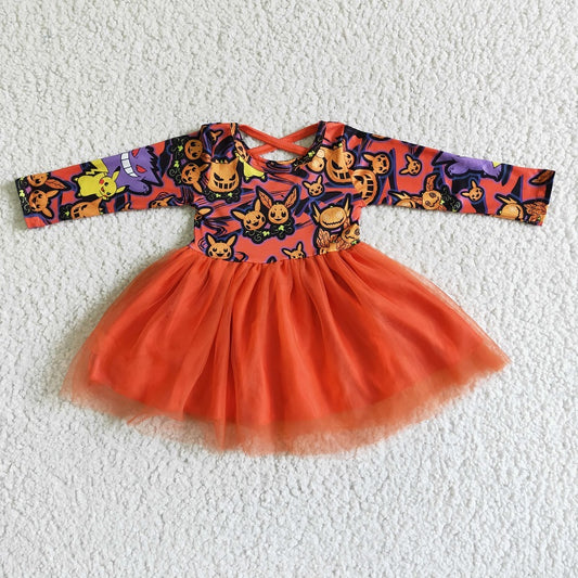 GLD0010 Halloween Pumpkin Mesh Long Sleeve Dress