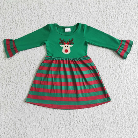 GLD0014 Christmas Embroidered Fawn Green Striped Long Sleeve Dress