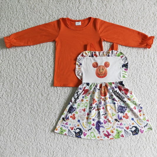 GLD0033 Halloween Pumpkin Long Sleeve Tank Dress Set