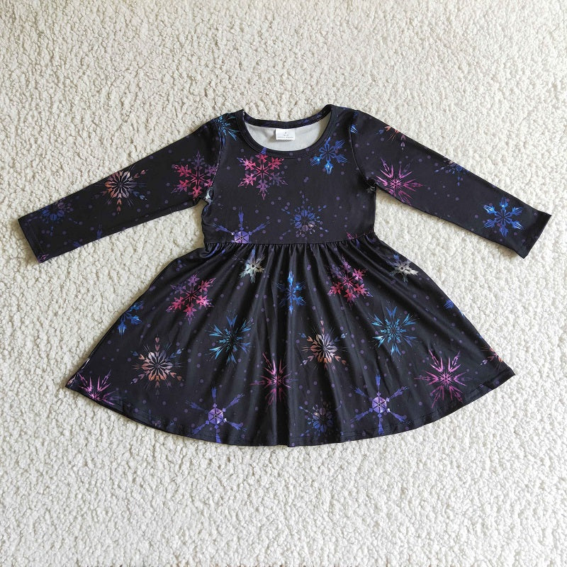 GLD0035 Colorful Snowflake Black Long Sleeve Dress