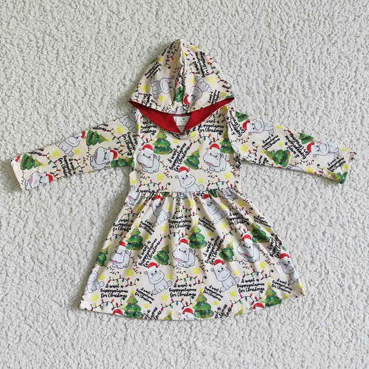 GLD0076 Hippo Christmas Tree Hooded Long Sleeve Dress