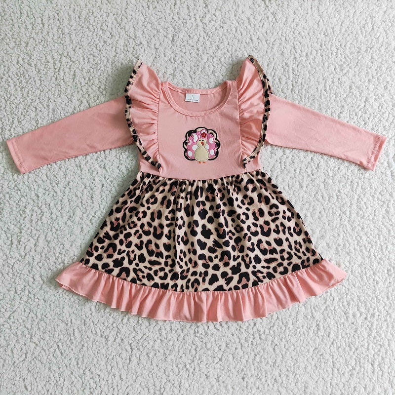 GLD0088 Thanksgiving Pink Embroidered Turkey Long Sleeve Dress