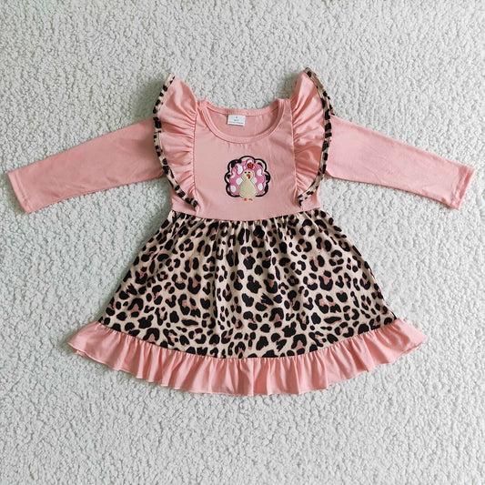 GLD0088 Thanksgiving Pink Embroidered Turkey Long Sleeve Dress