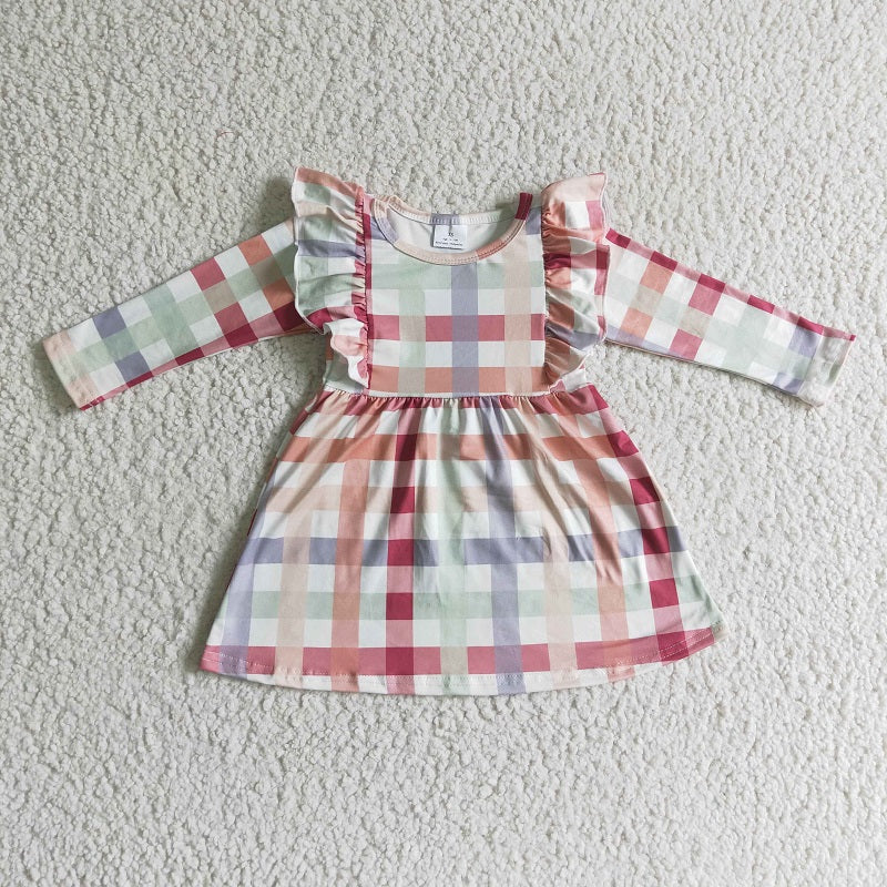 GLD0117 Girls Colorful Plaid Long Sleeve Dress