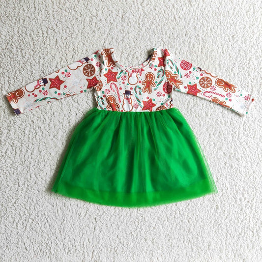 GLD0133 Girls Gingerbread Man Stars Green Long Sleeve Dress
