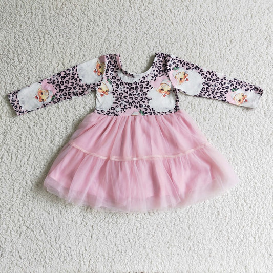 GLD0134 Girls Santa Leopard Pink Long Sleeve Dress