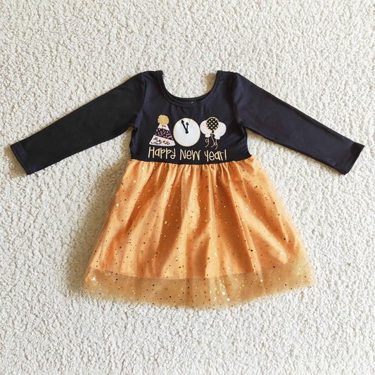 GLD0138 Girls HAPPY NEW YEAR Alarm Clock Balloons Long Sleeve Dress