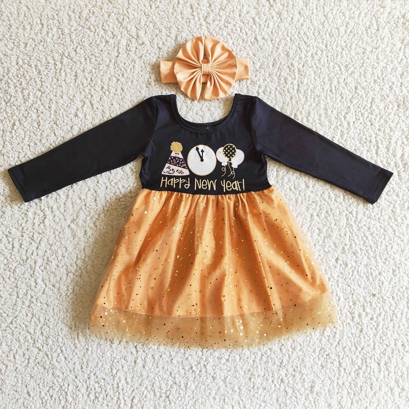 GLD0138 Girls HAPPY NEW YEAR Alarm Clock Balloons Long Sleeve Dress