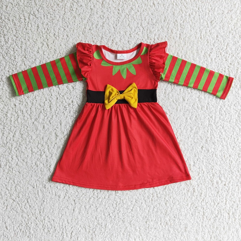 GLD0144 Girls Christmas Red Striped Bow Long Sleeve Dress