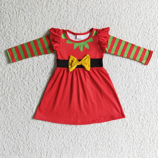 GLD0144 Girls Christmas Red Striped Bow Long Sleeve Dress