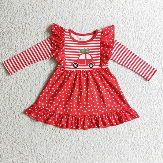 GLD0145 toddler girl dresses red tree truck christmas dress