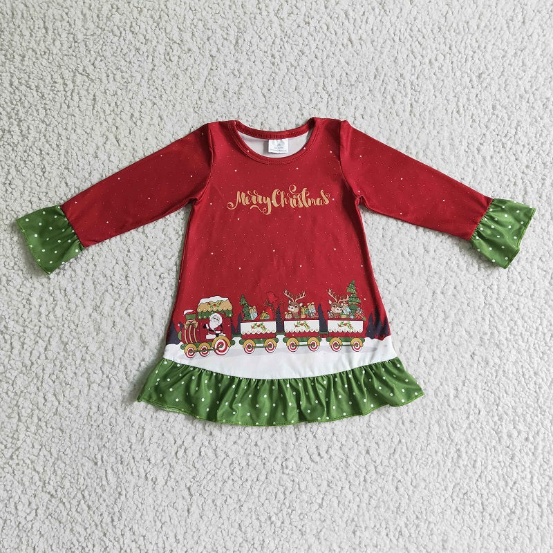 GLD0147 Girl Santa Fawn Sleigh Red Long Sleeve Dress