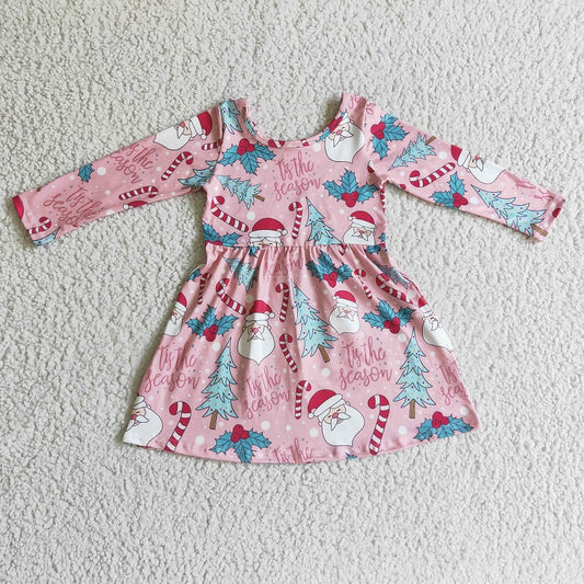GLD0149 Girls Santa Tree Pink Long Sleeve Dress