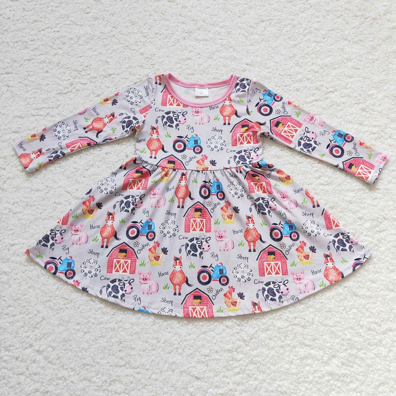 GLD0151 Girls Farm Cow Horse Pig Chicken Long Sleeve Dress
