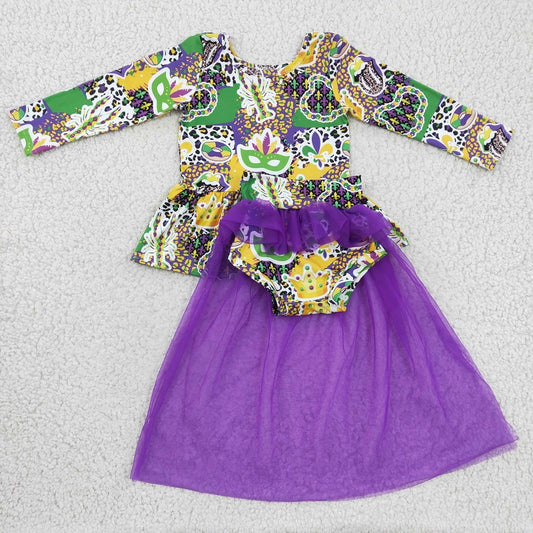 GLD0153 Girls Carnival Mask Long Sleeve Purple Mesh Dress Set