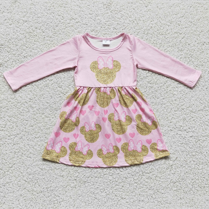 GLD0156 Girls Cartoon Pink Long Sleeve Dress