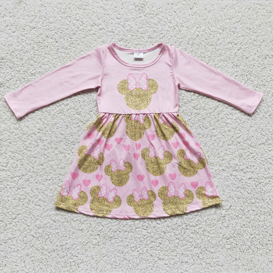 GLD0156 Girls Cartoon Pink Long Sleeve Dress