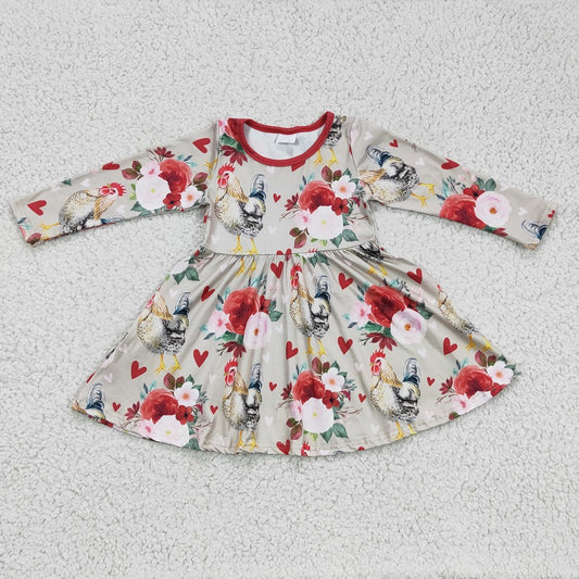 GLD0163 Girls Valentine's Day Rooster Heart Flower Long Sleeve Dress