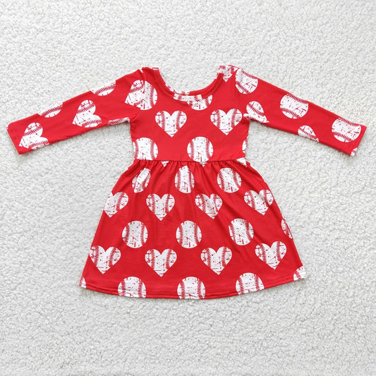 GLD0165 Baby Girls Valentine's Day Heart Baseball Red Long Sleeve Dress