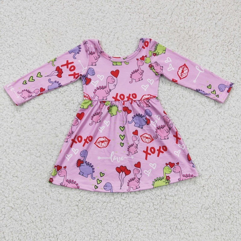 GLD0169 Girls Valentine's Day Dinosaur XOXO Long Sleeve Dress