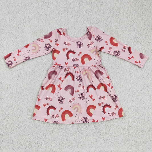 GLD0178 Girls XOXO Heart Rainbow Pink Long Sleeve Dress