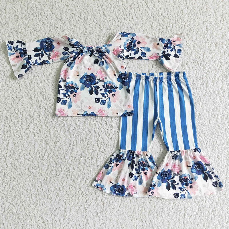 GLP0004 Girls Flower Long Sleeve Blue and White Striped Trousers Suit