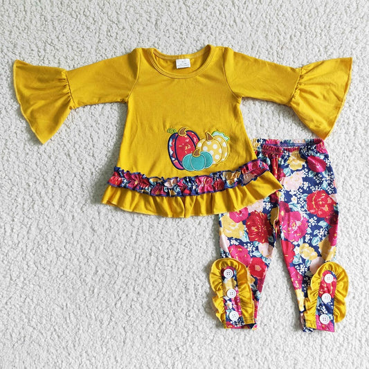 GLP0006 Autumn Embroidered Pumpkin Yellow Long Sleeve Floral Pants Set
