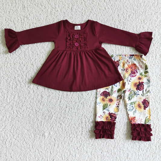 GLP0015 Girls Flower Button Red Long Sleeve Lace Trousers Suit