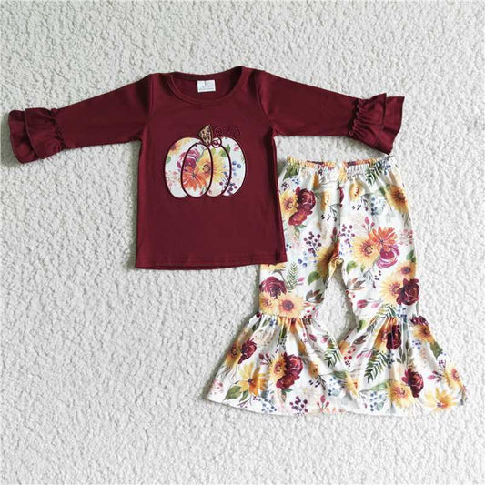 GLP0016 Girls Autumn Embroidered Pumpkin Flower Red Long Sleeve Pants Set