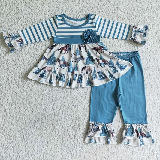 GLP0019 Girls Blue Striped Horse Tree Flower Long Sleeve Trousers Suit D 920