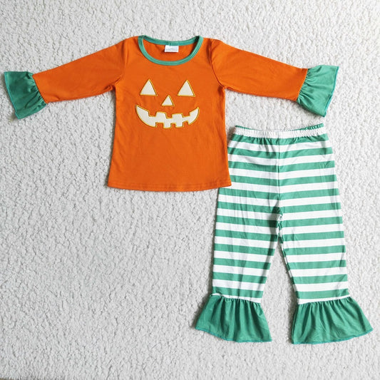 GLP0020 Girls Autumn Embroidery Pumpkin Lace Stripes Set