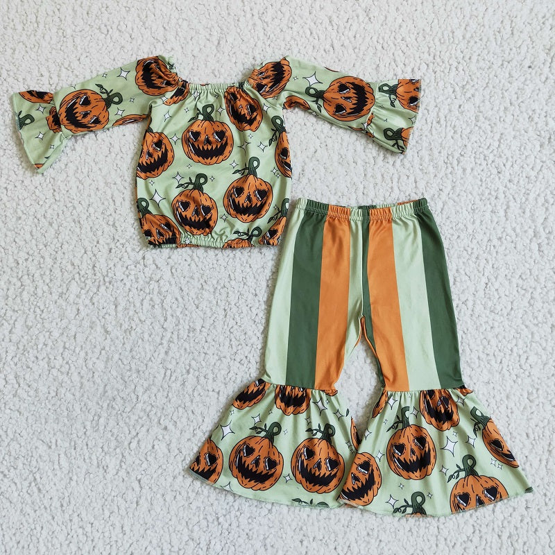 GLP0023 Girls Autumn Pumpkin Green Long Sleeve Striped Trousers Suit