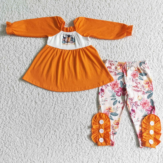 GLP0024 Girls Autumn Pumpkin Blossom Orange Long Sleeve Trousers Suit