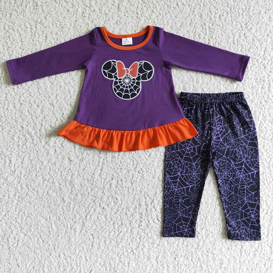 GLP0025 Girls Embroidered Spider Web Purple Long Sleeve Pants Set