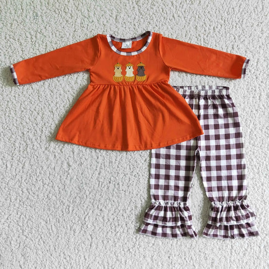 GLP0026 Girls Embroidered Pumpkin Puppy Orange Plaid Suit