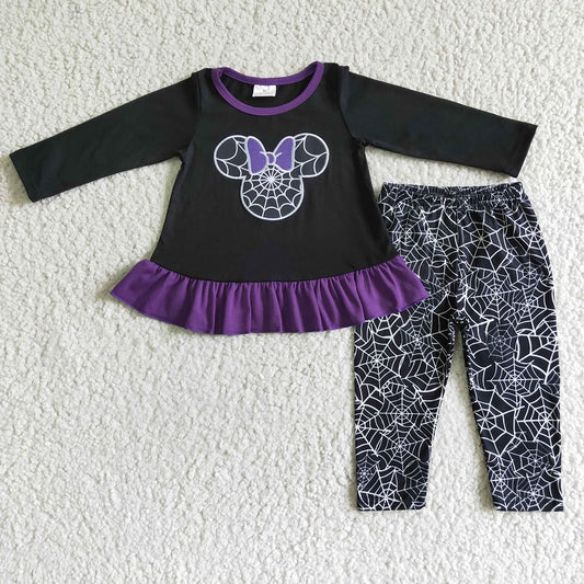 GLP0027 Girls Embroidered Spider Web Black Long Sleeve Pants Set
