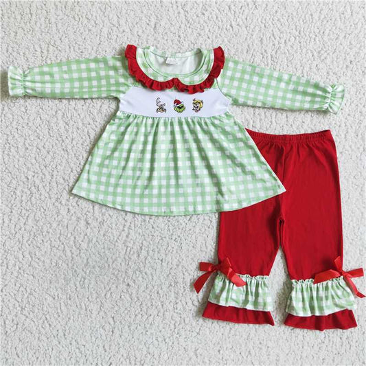 GLP0033 Girls Cartoon Embroidery Christmas Long Sleeve Red Trouser Set